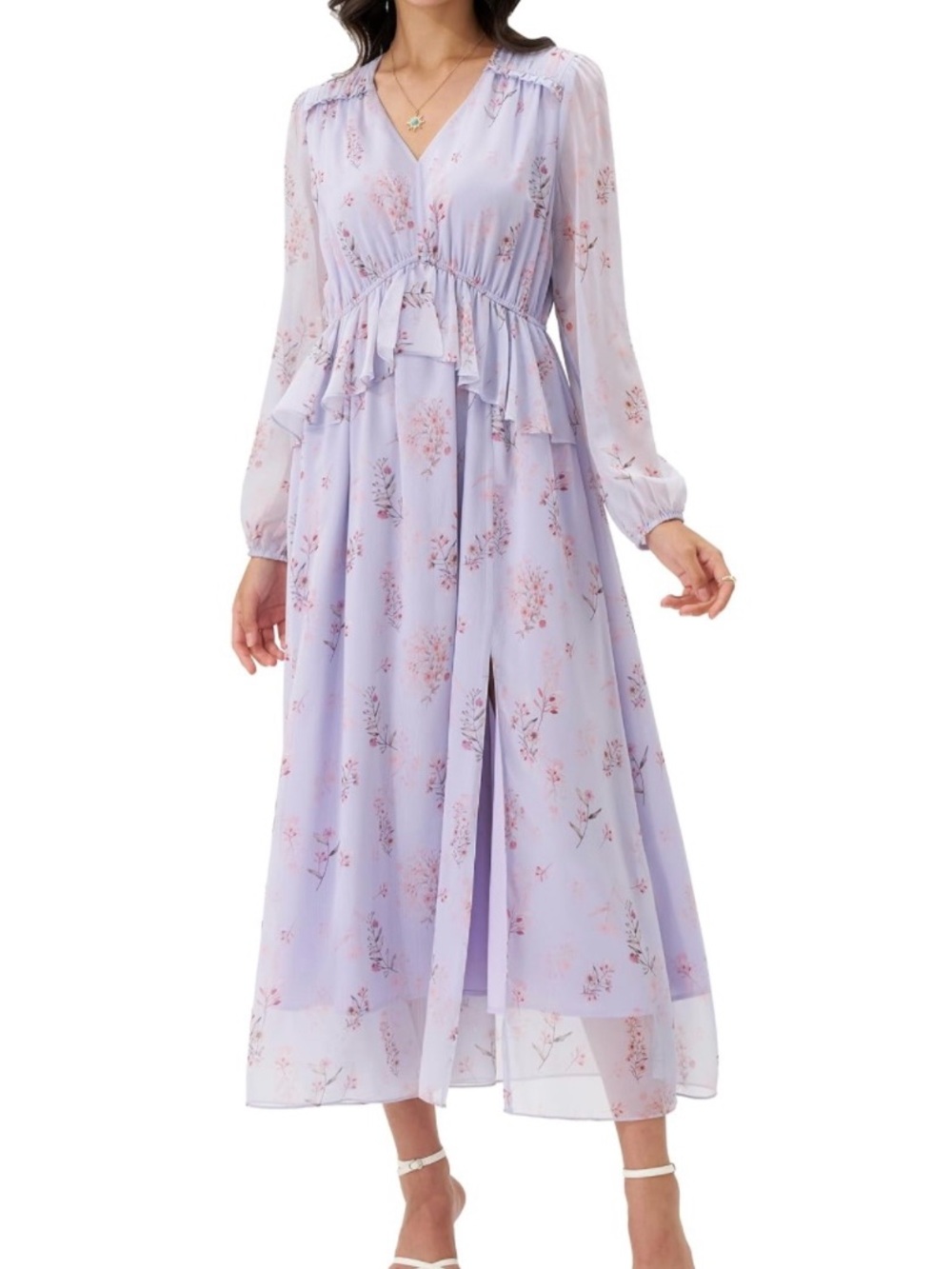 Olaesa Womens Floral Chiffon Midi Dress Size XXL Long Sleeve Sheer Lilac NWT